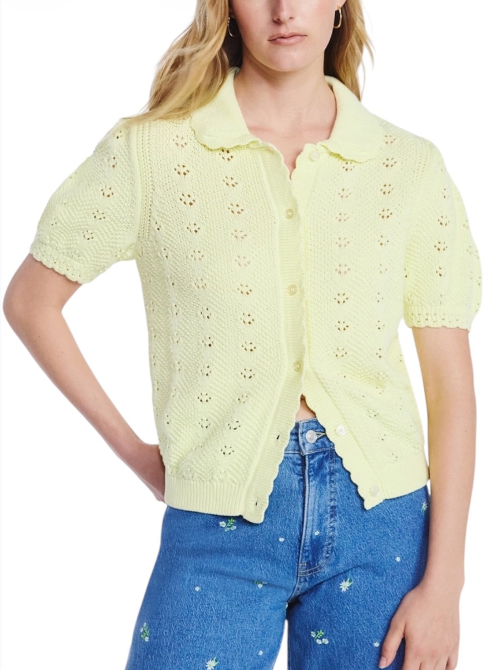FREE ASSEMBLY Cotton Pointelle Cardigan Sweater with Short Sleeves NWT